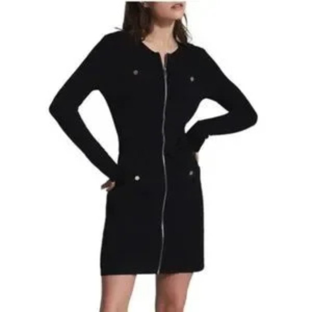 Reiss Black Knit Long Sleeve Zipper‎ Front Mini Dress Sz L- Like New